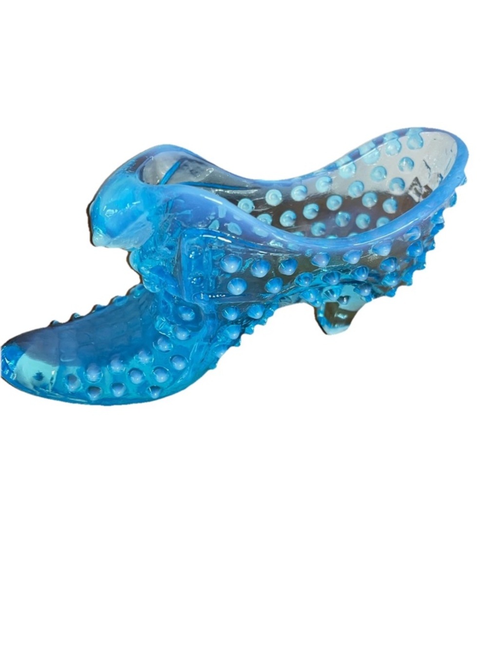 Fenton vintage cats head all glass turquoise blue Victorian slipper shoe Hobnail